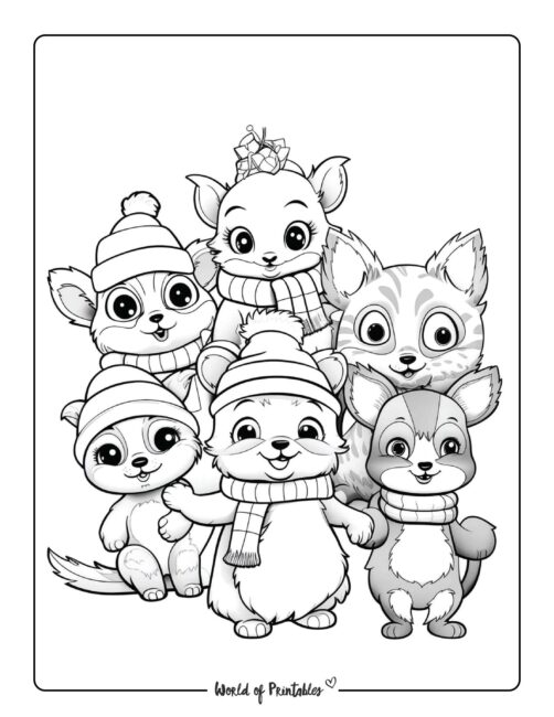 Winter Coloring Page - cute animals