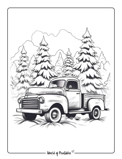 Winter Coloring Page - truck and trees