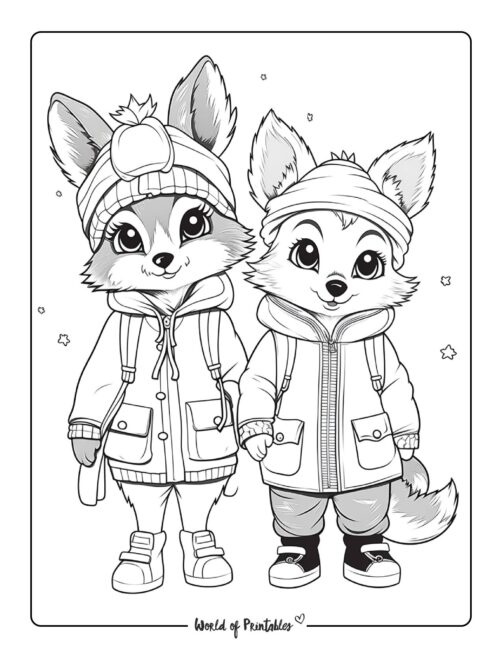 Winter Coloring Page - cute foxes