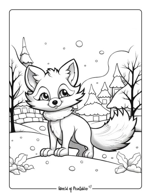 Winter Coloring Page - fox in snow