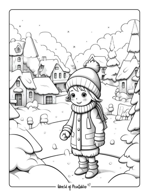 Winter Coloring Page - girl in snow village