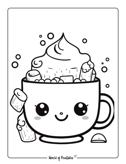 Winter Coloring Page - Hot chocolate and marshmallow
