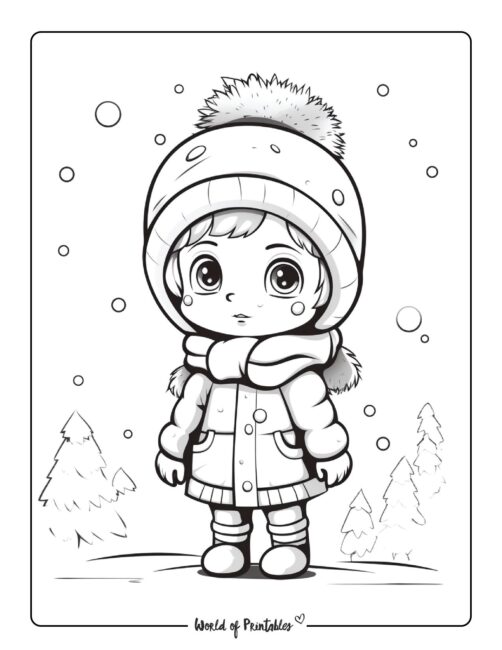 Winter Coloring Page - cute girl in snow