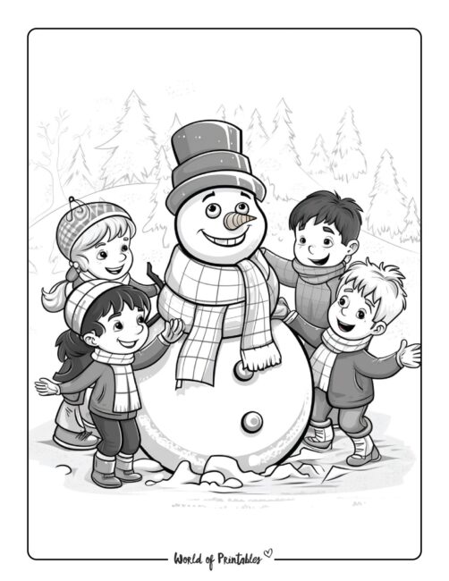 Winter Coloring Page - cute children and snowman