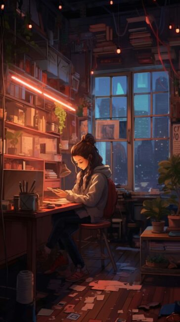 Young Girl Studying Lofi Background Wallpaper