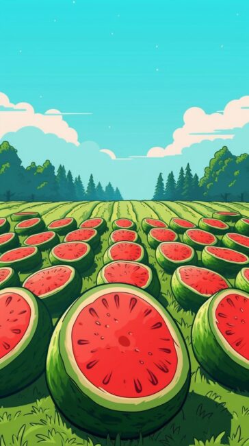 anime style wallpaper of watermelons and landscape