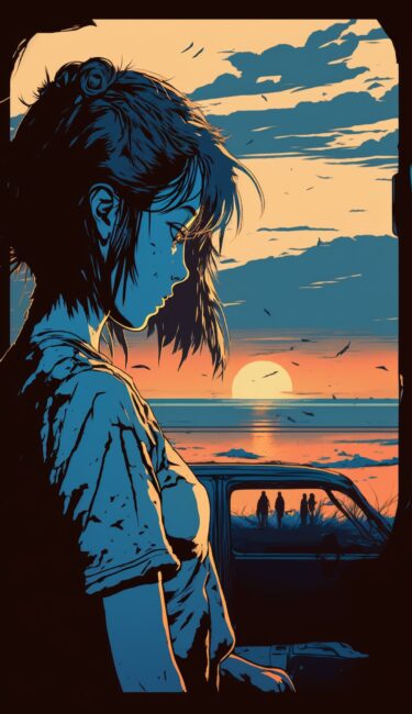 anime wallpaper of sad girl looking at sunset