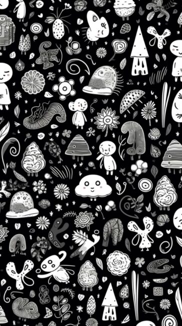 black background with light grey kawaii drawing pattern