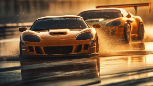 cars racing through raining streets