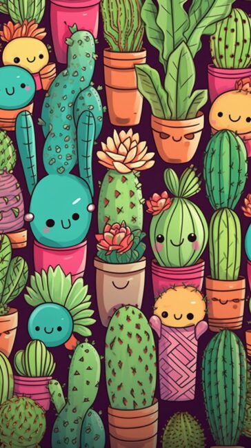 chibi style cacti phone wallpaper