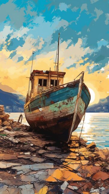 cool wallpaper of a boat moored next to the sea in the style of a painting