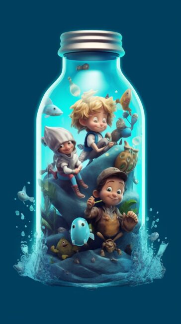 cool wallpaper of a bottle filled with animated characters