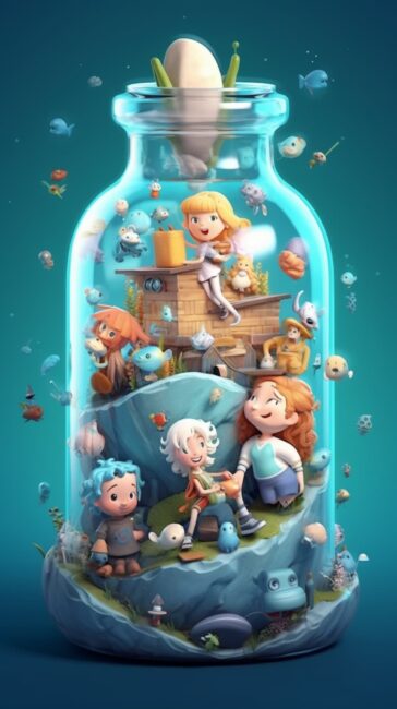 cool wallpaper of a bottle filled with animated characters and objects