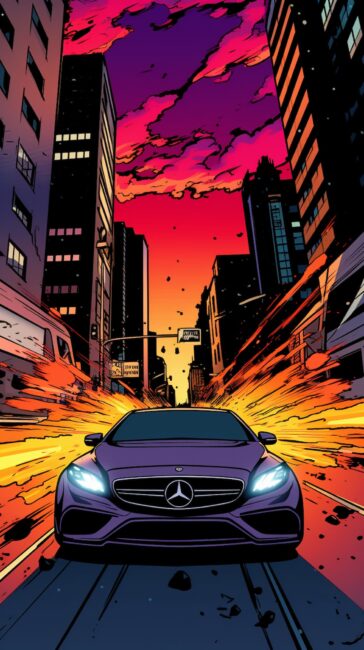 cool wallpaper of a car driving in the street in the style of a comic book