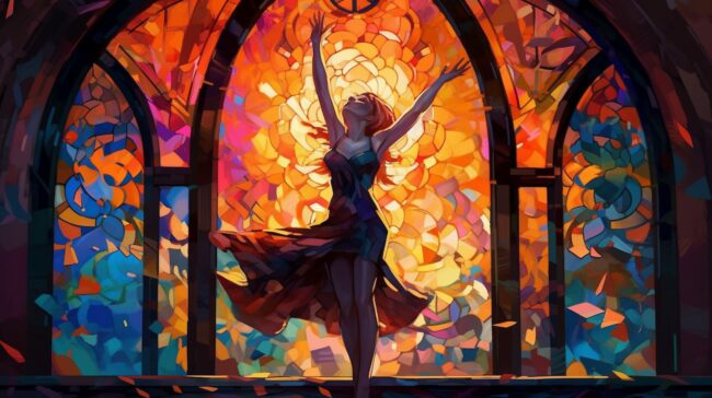 cool wallpaper of a colorful painting of a dancer in front of a stained glass wind