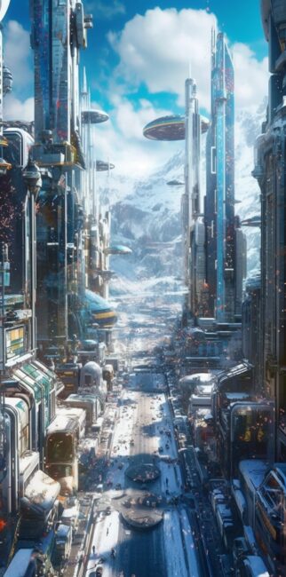 cool wallpaper of a futuristic city in winter