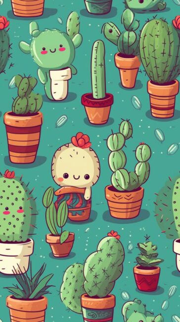 cute cactus chibi phone wallpaper