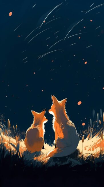 cute foxes looking up at the starry night sky