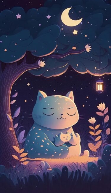 cute storybook illustration of cats at night