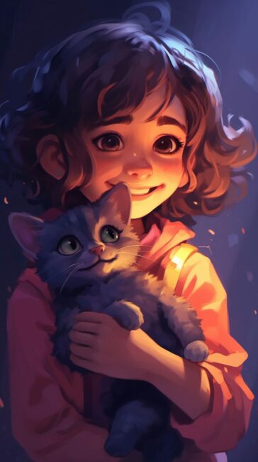 cute wallpaper of anime girl holding cat at night