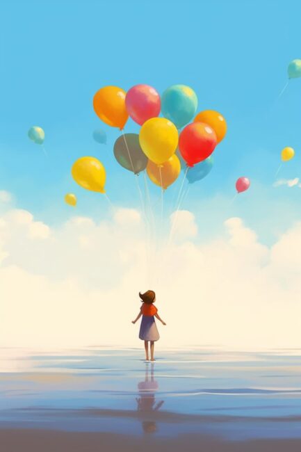 cute wallpaper watercolor painting of girl and balloons on beach
