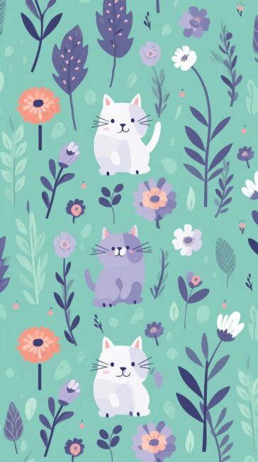minimalist wallpaper with cat and flower patterns