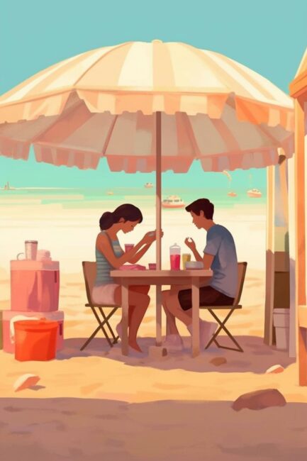 phone wallpaper of couple sitting at beach under umbrella