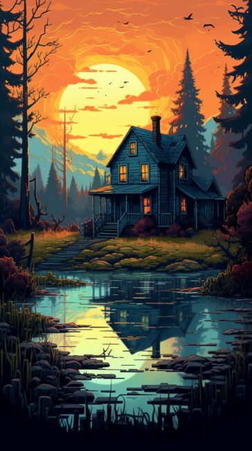 retro style wallpaper of house in forest by lake