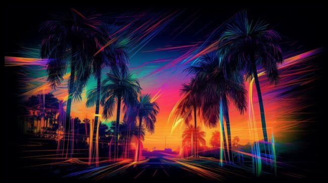 retro wallpaper of abstract road with palm trees at sunset
