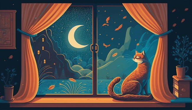 vector wallpaper of cat sitting on window looking at the night outside