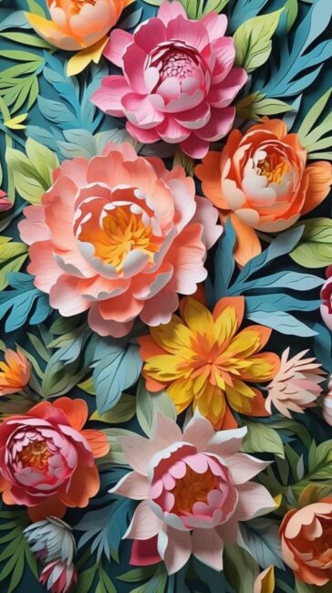 wallpaper of 3d cut paper origamy peony blooming pattern