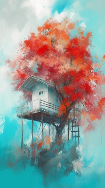 wallpaper of a colorful tree house in the style of a painting