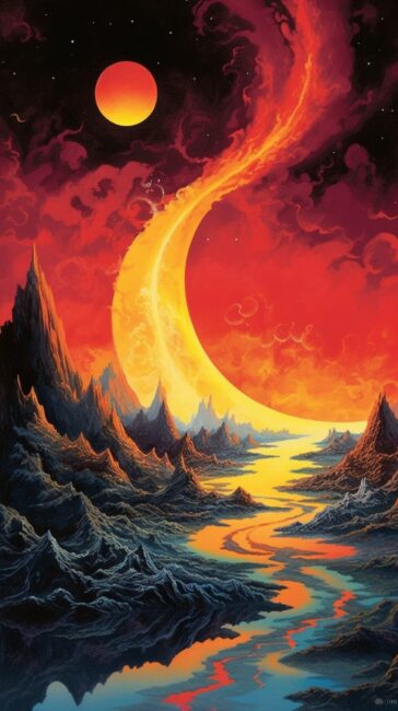 wallpaper of a crescent moon with smoke and fire landscape