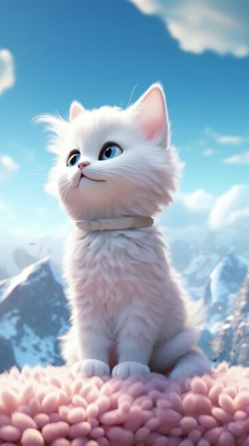 wallpaper of a cute cat sitting on top of a fluffy mountain
