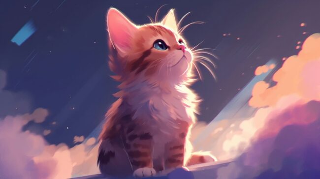 wallpaper of a cute kitten looking up at the sky dreaming of the future