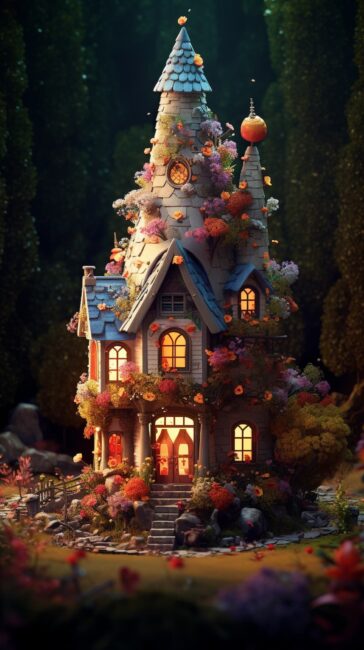 wallpaper of a fairy tale house at night