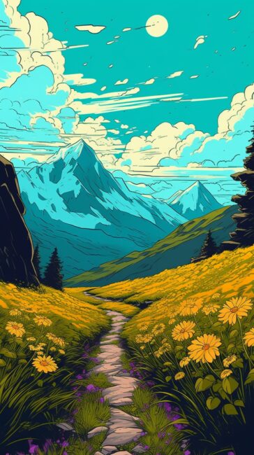 wallpaper of a landscape painting with mountain scenery and path