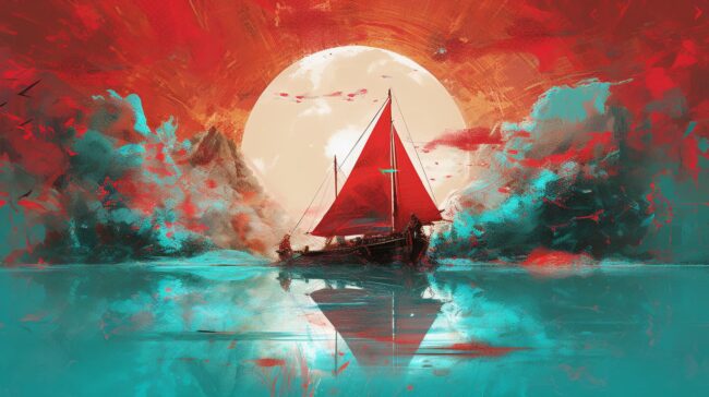 wallpaper of a painting of a sailboat and the sun