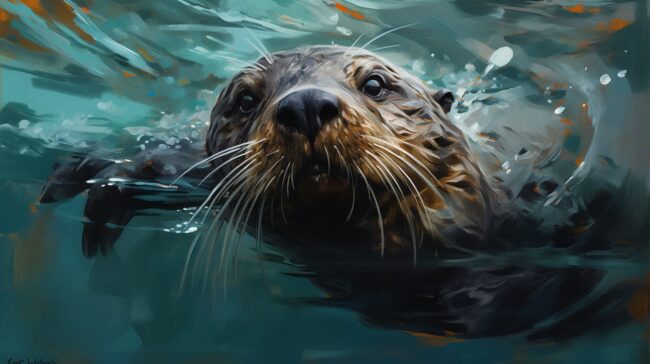 wallpaper of a painting of an otter swimming underwater