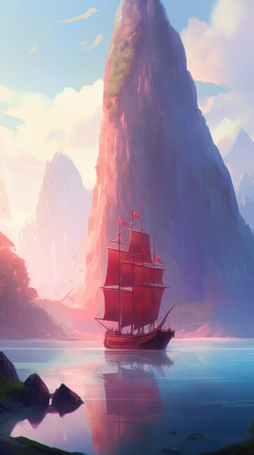 wallpaper of a sail ship sitting on water with a sunlit sky and mountains