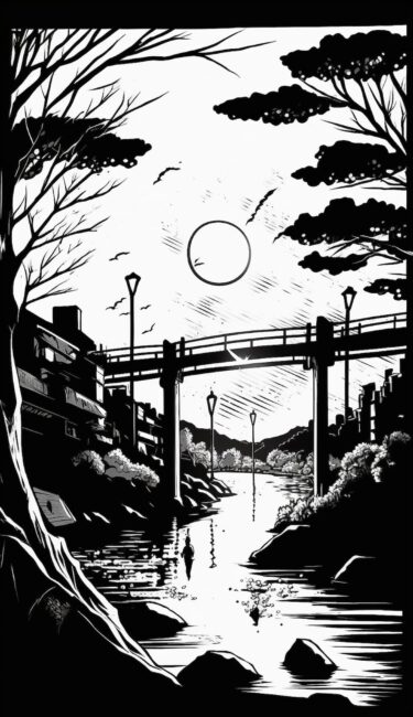 wallpaper of an enchanting scene in japanese black and white manga