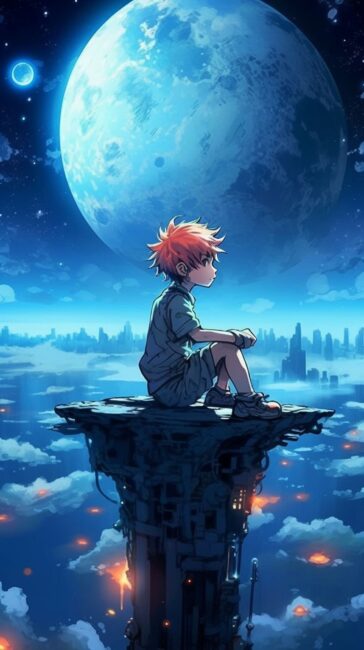 wallpaper of anime kid sitting looking at the moon