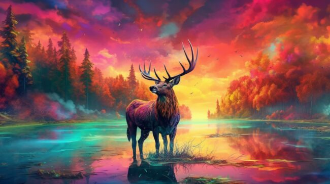 wallpaper of beautiful lake with deer in vibrant colors