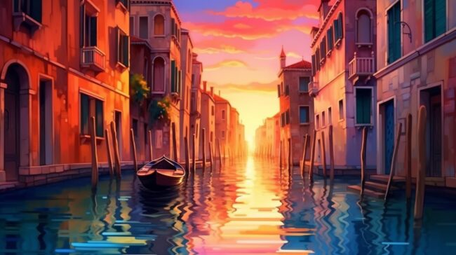wallpaper of colorful canal with buildings at sunset