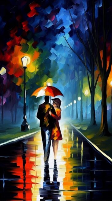 wallpaper of colorful impressionist painting of couple walking in rain at night in city