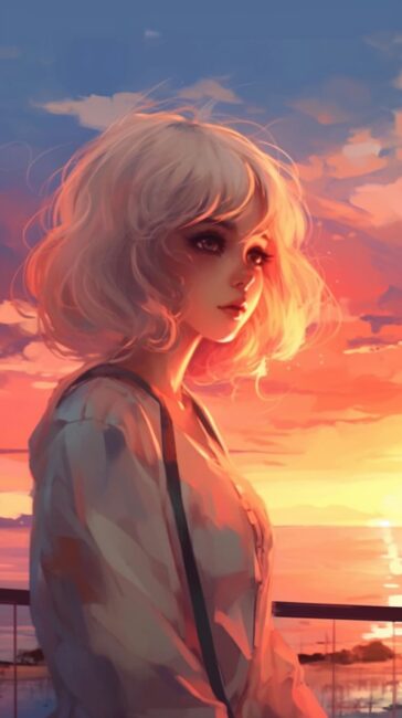 wallpaper of cute anime girl looking at the sunset