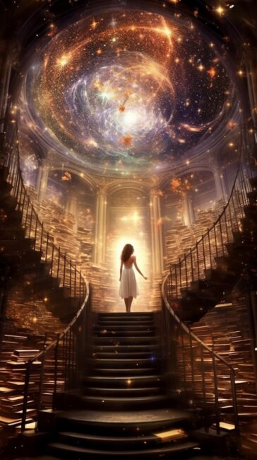 wallpaper of fantasy girl standing on stairs