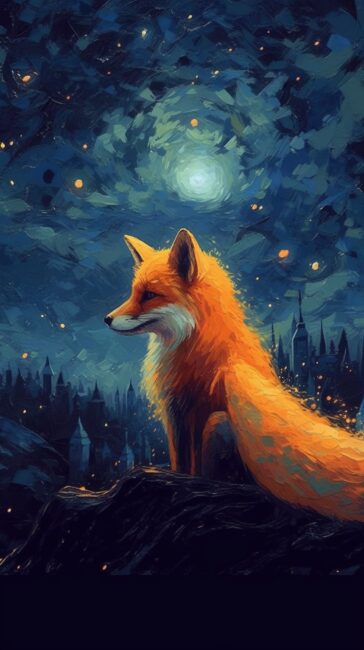 wallpaper of fox at starry night
