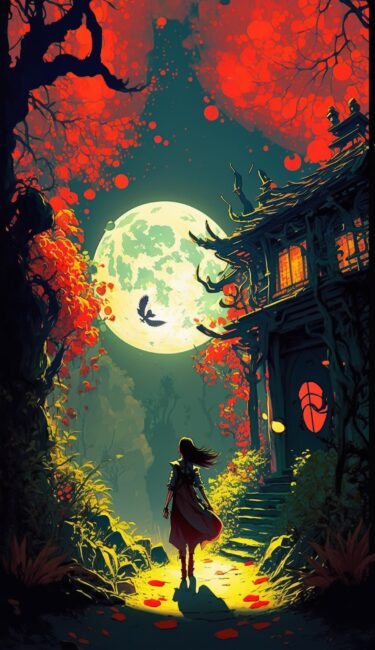 wallpaper of girl standing lin forest next to house looking at moon at night