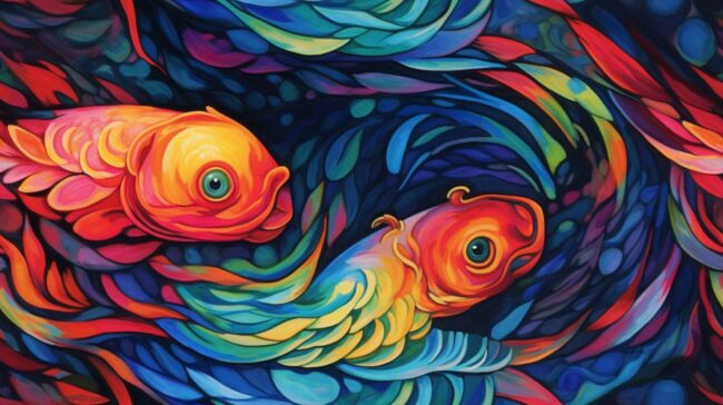 wallpaper of painting of two koi fish colorful art